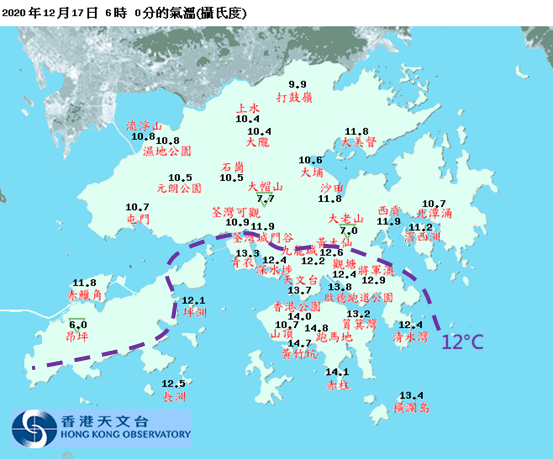 2020年12月17日早上6時正的本港溫度分佈。淺薄的寒冷氣團受本地山脈的阻擋，主要囤積在香港北部