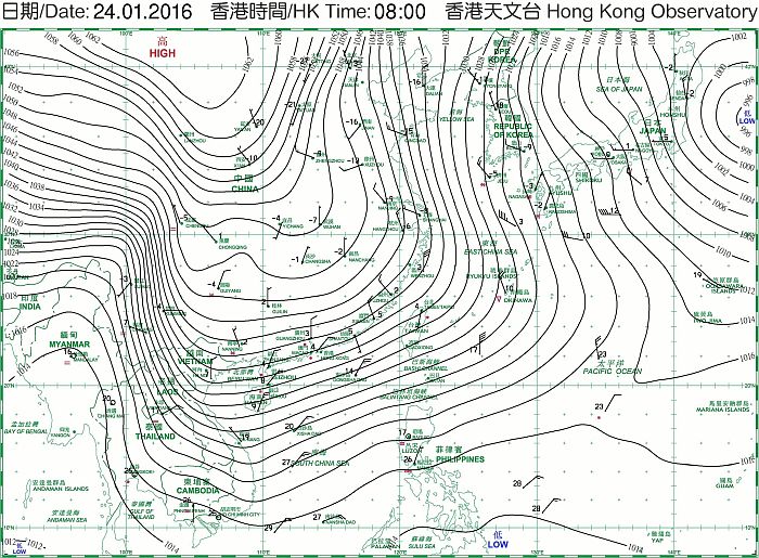 2016年1月的強烈寒潮：1月24日早上8時的海平面氣壓天氣圖