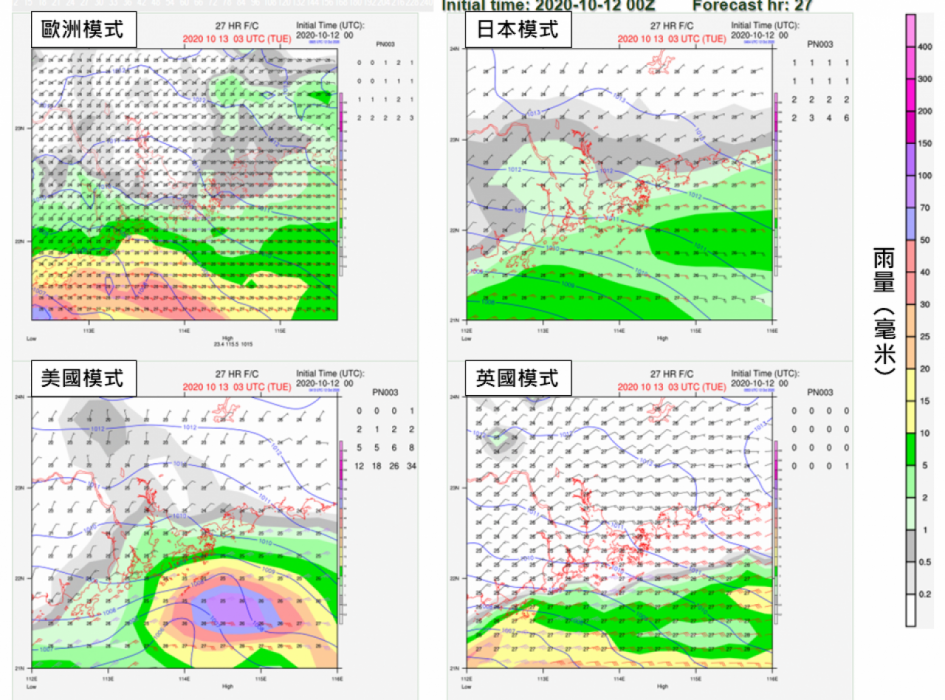 各大電腦模式在十二日預測十三日香港或近岸地區會有大風大雨