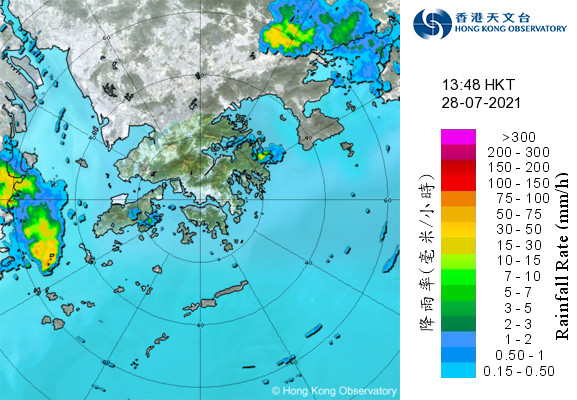 圖三　7月28日下午，天文台發出了「特別天氣提示」，提醒市民珠江口以西持續有雷雨區發展，可能影響香港。大家可以從雷達圖像追蹤雷雨區的走勢。