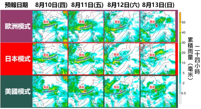 图一：电脑模式预测本周后期至下周初（8月10日至13日）晚上8时的天气图。各大电脑模式预测低压槽（蓝色线）会在星期四至星期六（8月10日至12日）为华南带来不稳定天气，有大骤雨及狂风雷暴。随著低压槽稍为减弱，下周初骤雨逐渐减少。