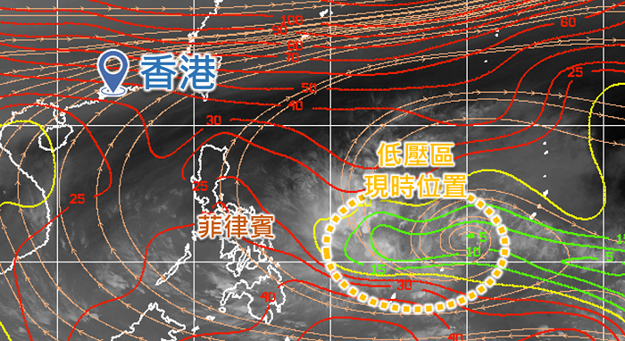 圖三 低壓區現時（4月9日）所在的菲律賓以東海域的垂直風切變較低（綠色範圍），有利熱帶氣旋發展；而南海的垂直風切變較高（紅色範圍），不利熱帶氣旋發展。（資料來源：CIMSS）