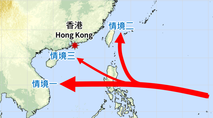現時位於西北太平洋的廣闊低壓區隨後路徑的不同情境