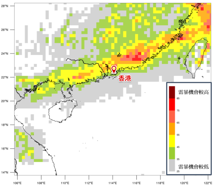 雷暴可能在星期一日間相當接近華南沿岸地區(歐洲中期預報中心預測)。