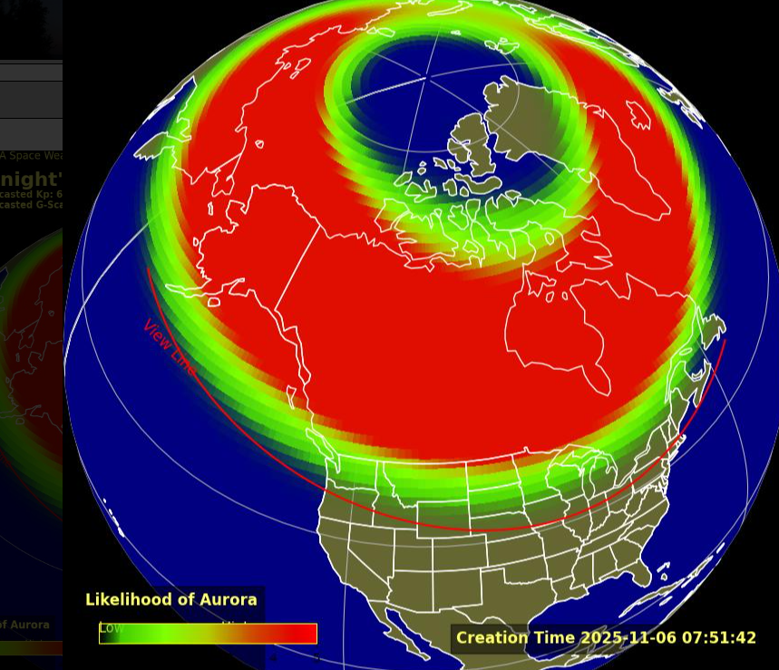 NASA对11月7至8日的极光活动评估，橙红色代表极光出现机会较高的区域