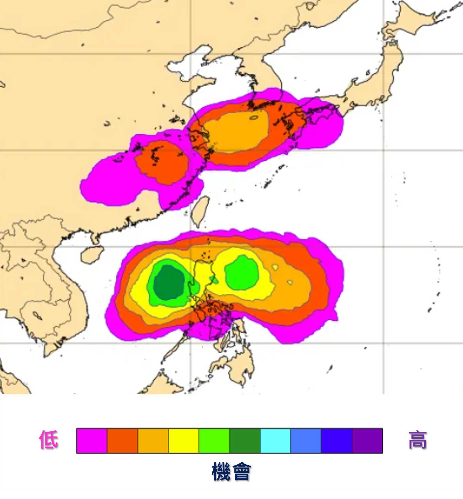 欧洲中期天气预报中心预测下周二(6月10日)的热带气旋出现概率预报图。