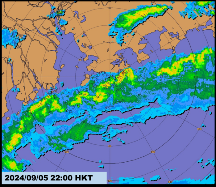 圖六	本港時間9月5日晚上10時的雷達圖像，摩羯的強雨帶正影響香港。