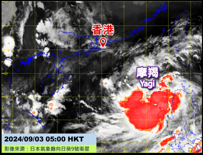 圖一	本港時間9月3日早上5時的強化紅外線衛星雲圖（紅色表示受強對流天氣影響的區域）。