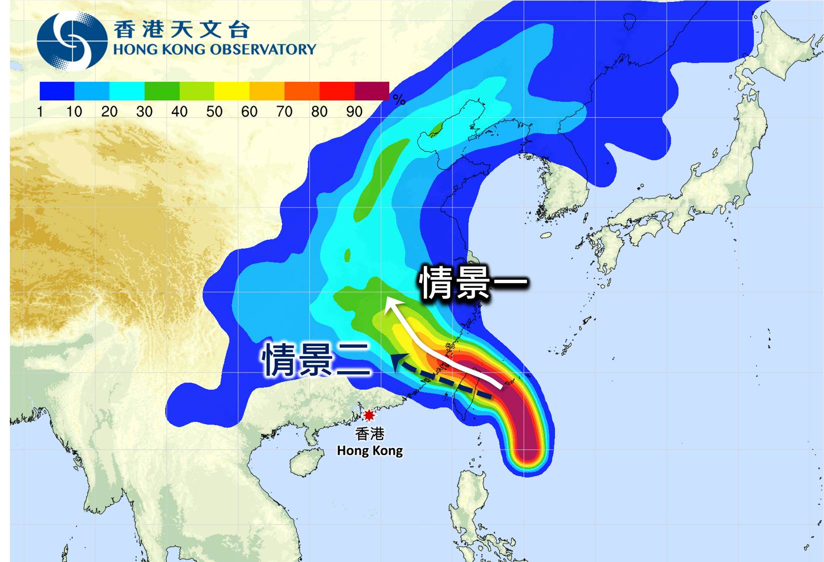 路徑概率預報顯示格美在本週後期的路徑仍有變數,情景一較遠離香港,情景二較接近香港。