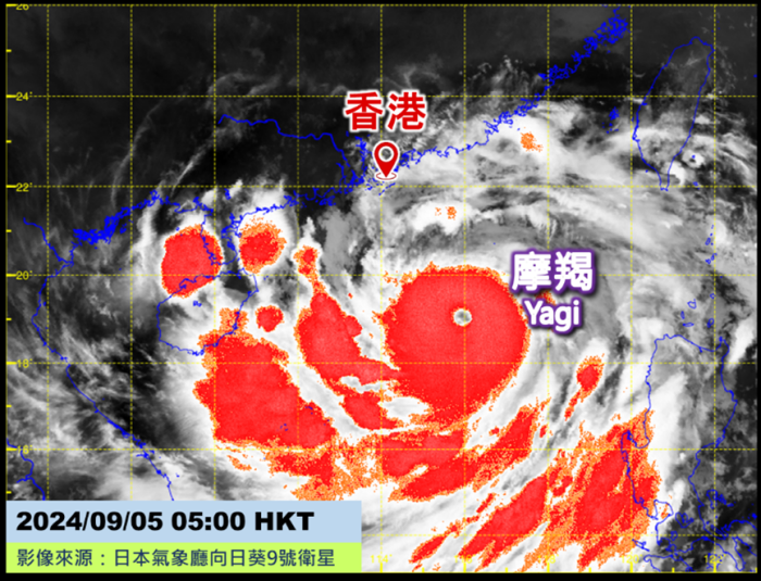 圖二	本港時間9月5日早上5時的強化紅外線衛星雲圖（紅色表示受強對流天氣影響的區域）。