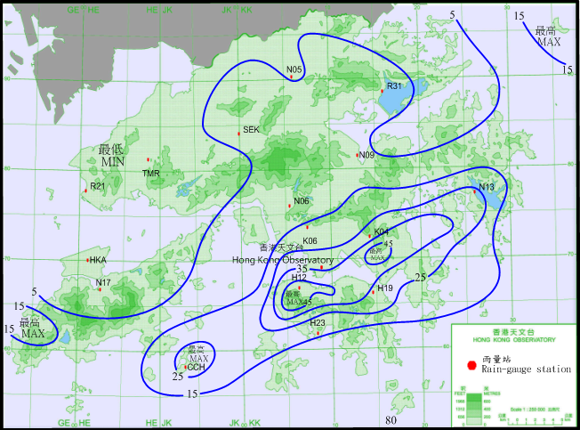 二零一六年十月六日至九日的雨量分佈(等雨量線單位為毫米)。