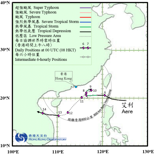 熱帶風暴艾利(1619)的路徑圖