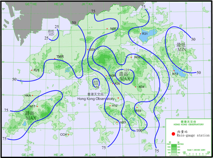 二零一六年八月十七日至十八日的雨量分佈(等雨量線單位為毫米)。
