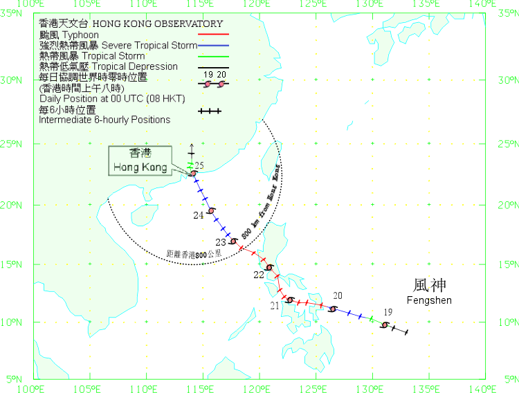 颱風風神（0806）在二零零八年六月十八日至二十六日的路徑圖
