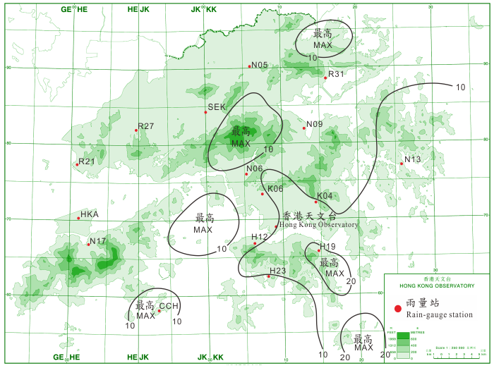 二零一四年六月十四日至十五日的雨量分佈(等雨量線單位為毫米)。