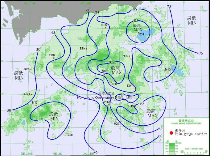 二零一六年十月二十日至二十一日的雨量分佈(等雨量線單位為毫米)