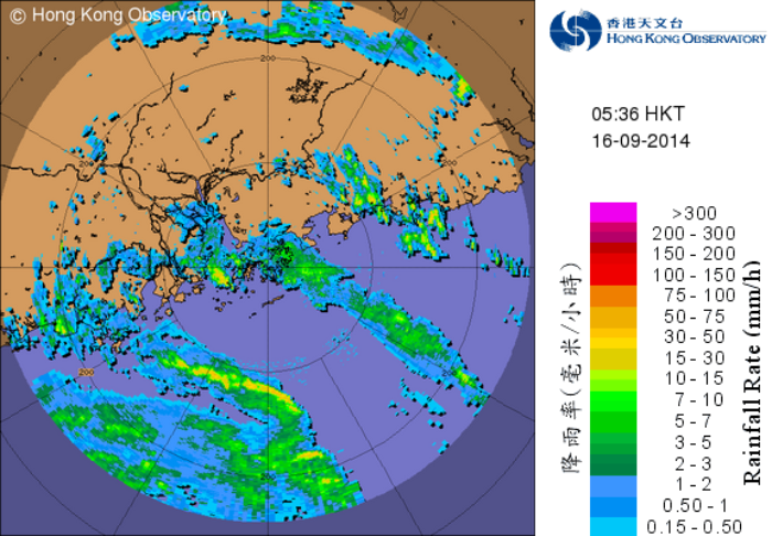 二零一四年九月十六日上午5時36分的雷達回波圖像，當時颱風海鷗的中心正集結在香港之西南偏南約380公里，與其相關的雨帶正影響本港。
