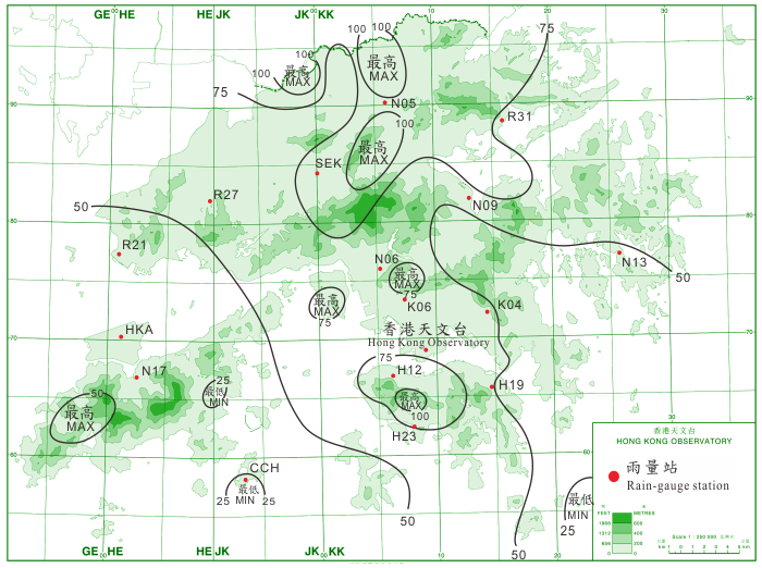 二零一四年九月十五日至十六日的雨量分佈(等雨量線單位為毫米)。