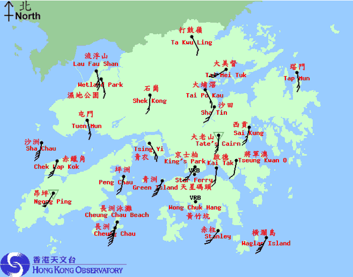 二零一六年八月二日上午8時20分香港各站錄得的十分鐘平均風向和風速