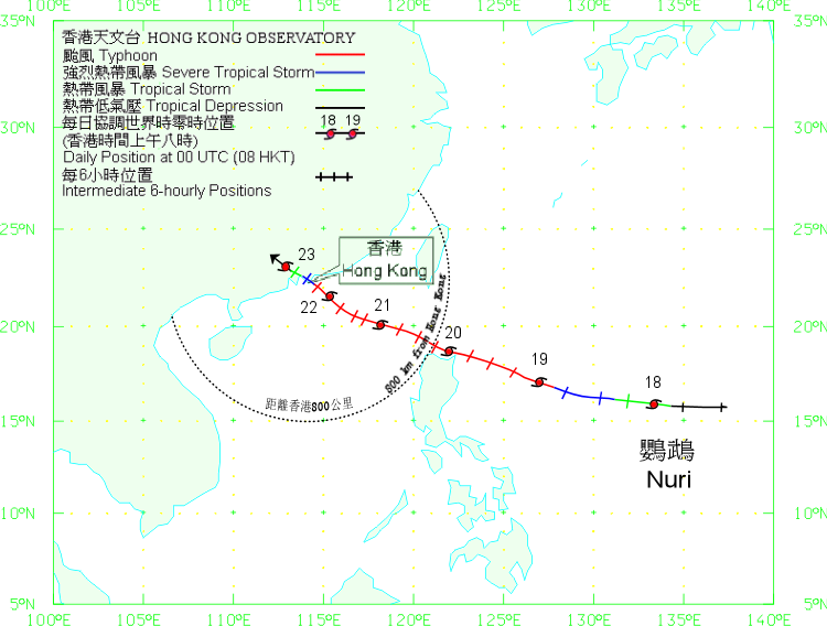 颱風鸚鵡（0812）在二零零八年八月十七日至二十三日的路徑圖