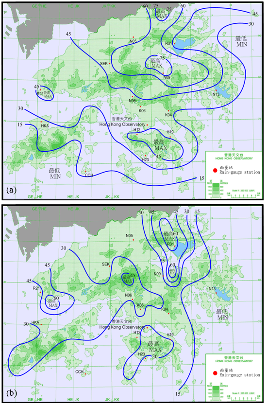 (a) 二零一八年七月十七日至十八日及(b)七月二十三日至二十四日的雨量分布。