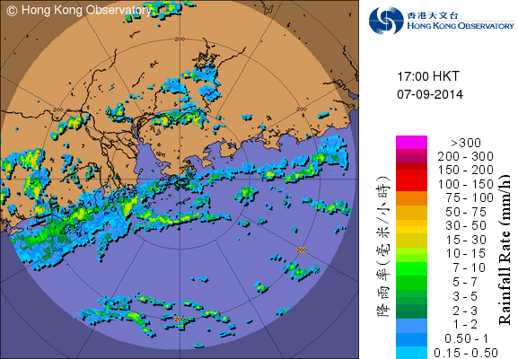 二零一四年九月七日下午5時的雷達回波圖像，當時該熱帶低氣壓正集結在香港之西南偏南約390公里，其外圍雨帶正影響本港。