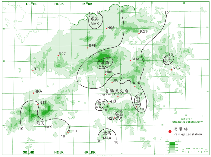 二零一四年九月七日至八日的雨量分佈(等雨量線單位為毫米)。