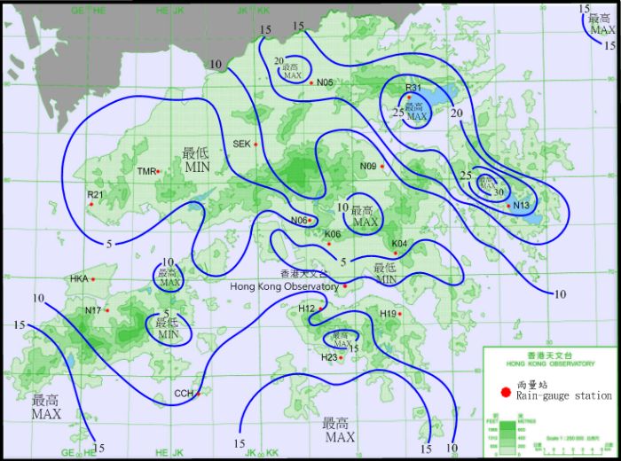 二零一七年九月二十四日的雨量分佈(等雨量線單位為毫米)。