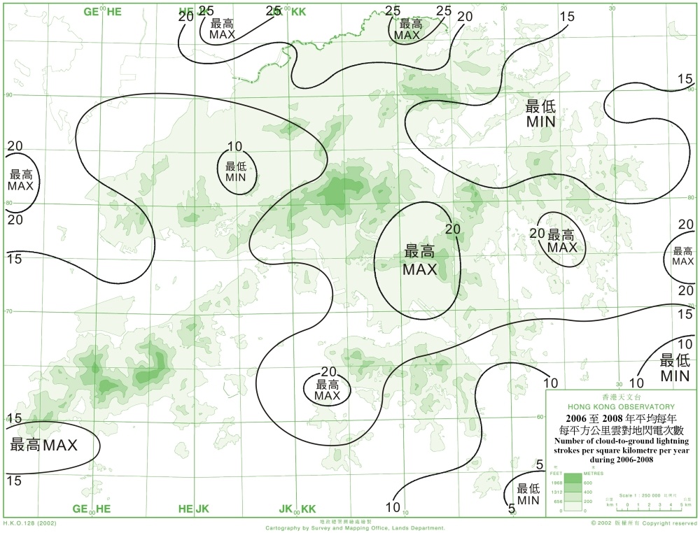 二○○六至二○○八年平均每年每平方公里雲對地閃電次數