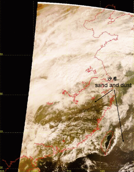 2010年3月22日上午10時38分的地球觀測衛星真彩圖像。沙塵影響至台灣及其鄰近的海域，華南大部份被雲所覆蓋，未能從衛星觀測。