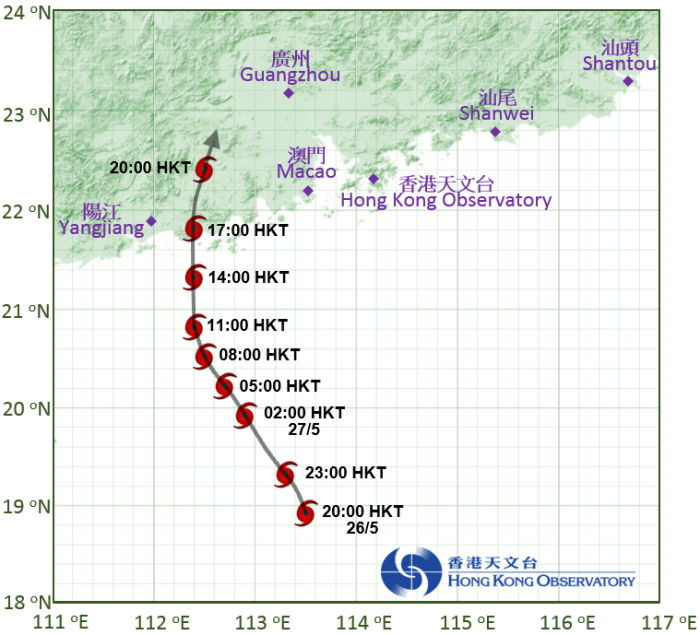 热带低气压接近香港时的路径图。