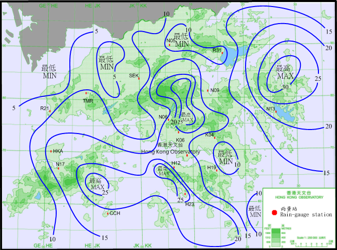 二零一六年五月二十六日至二十七日的雨量分布(等雨量线单位为毫米)。