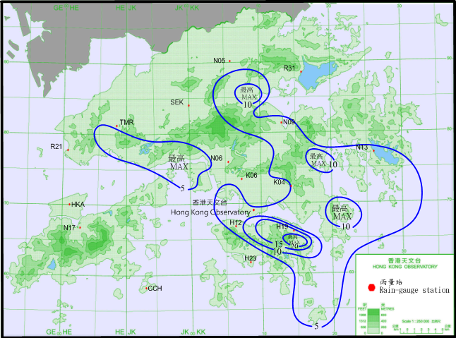 二零一六年七月二十六日的雨量分布(等雨量线单位为毫米)。