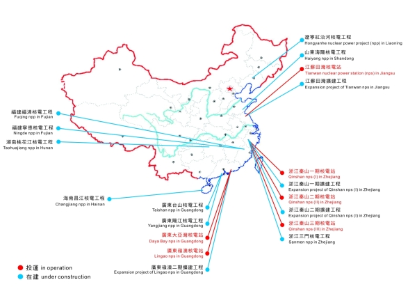 中国投运和在建核电站的分布