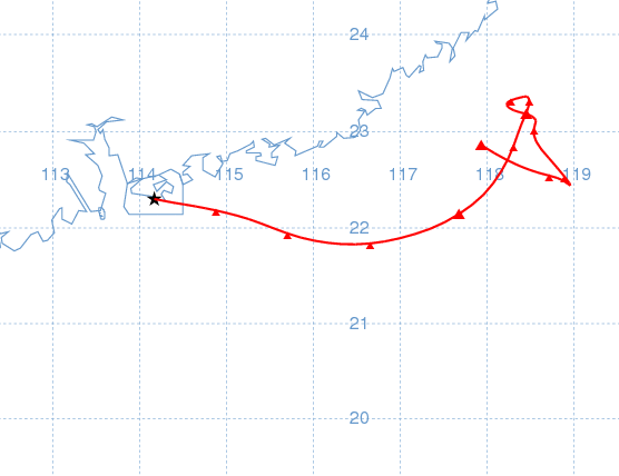 於 2011 年 3 月 14 日上午 8 時抵達香港之氣團的路線圖