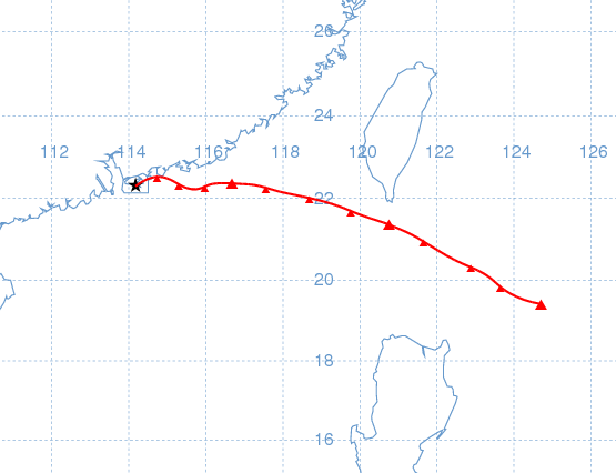 於 2011 年 3 月 15 日上午 8 時抵達香港之氣團的路線圖