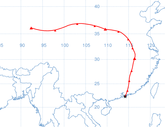 於 2011 年 3 月 16 日上午 8 時抵達香港之氣團的路線圖