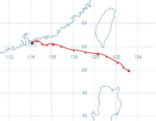 於 2011 年 3 月 15 日上午 8 時抵達香港之氣團的路線圖