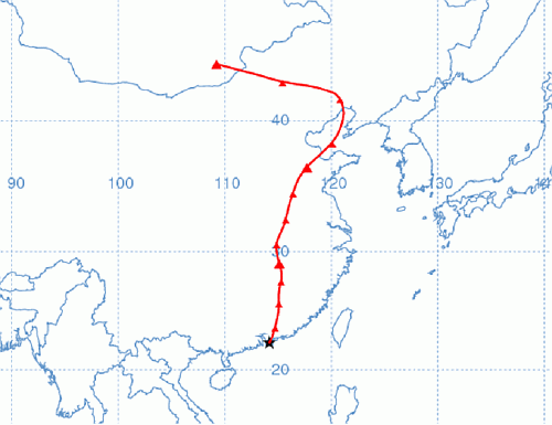 於 2011 年 3 月 16 日上午 8 時抵達香港之氣團的路線圖