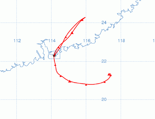 於 2011 年 3 月 17 日上午 8 時抵達香港之氣團的路線圖