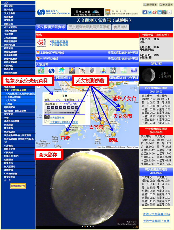 圖一「天文觀測天氣資訊」網頁