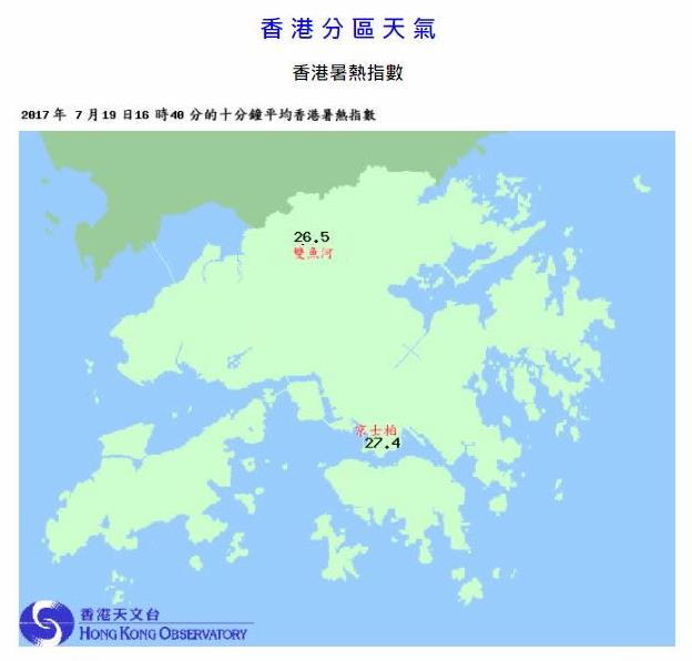 圖一   「香港分區天氣」網頁展示京士柏與雙魚河錄得的實時「香港暑熱指數」。