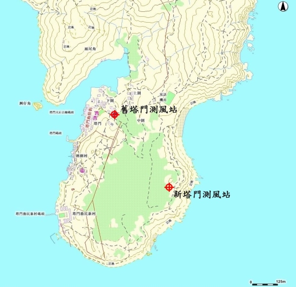 塔門新及舊測風站之位置圖