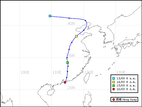 於 2011 年 3 月 16 日上午 8 時抵達香港之氣團的路線圖