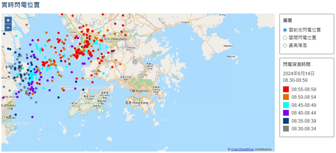 天文台互聯網站上的閃電位置圖