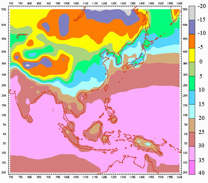 亚洲地区地面气候平均气温 (十月至十二月)