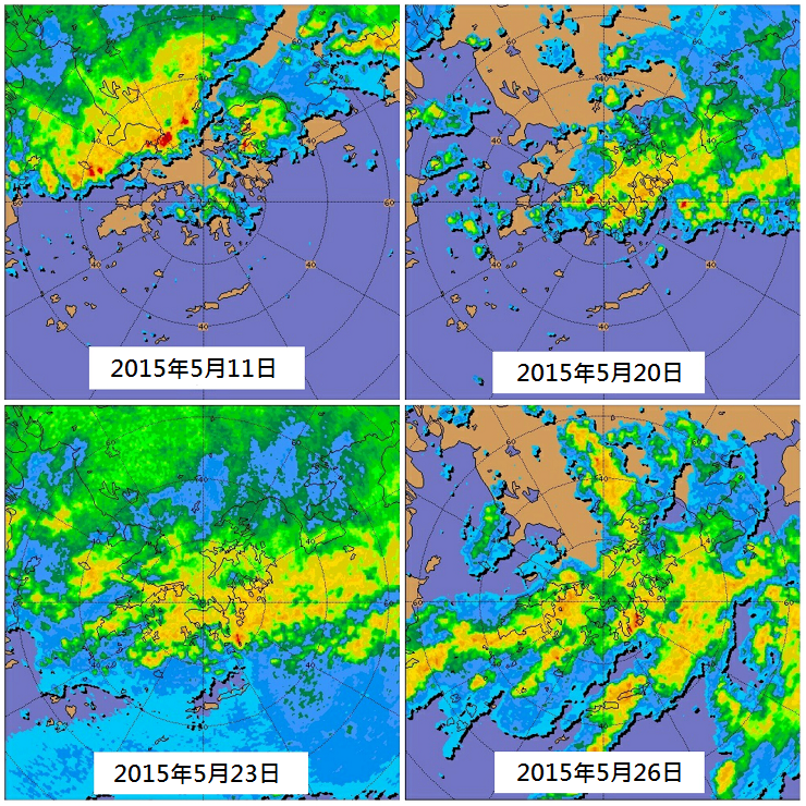 圖五    5月期間影響香港四場大雨的雷達回波圖像