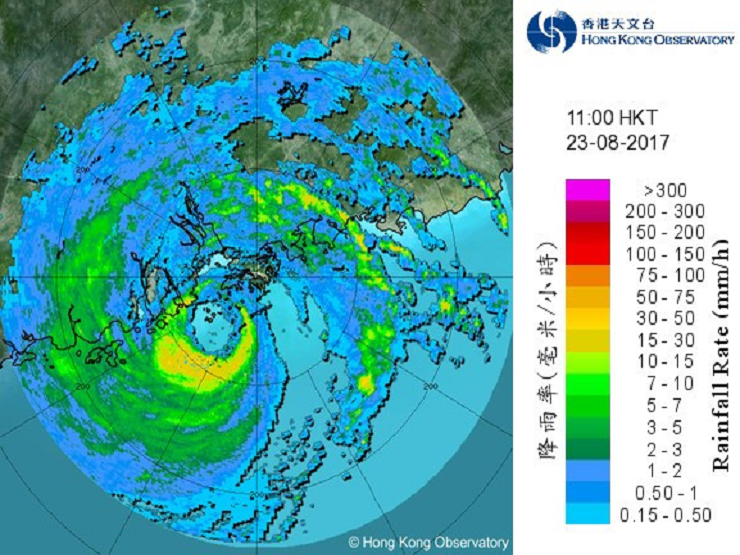 圖八 2017年8月23日上午11時天鴿在香港西南面的雷達回波圖像。