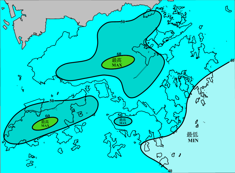 二零一二年一月雨量圖 (等雨量線單位為毫米)