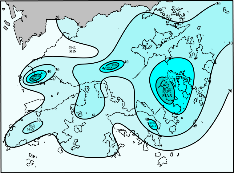 二零一二年三月雨量圖 (等雨量線單位為毫米)